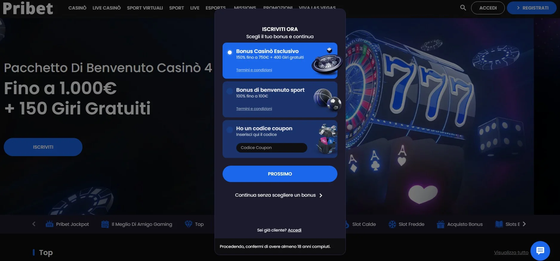 Bonus di benvenuto di Pribet Casino fino a 1.000 € con 150 giri gratuiti